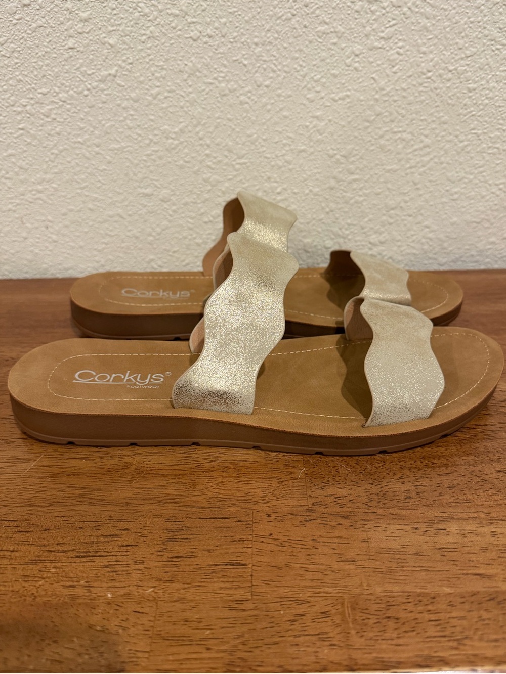 Corkys Wishy Washy Shimmering Gold Wavy Double-Strap Slide Sandals - Picture 1 of 5